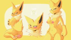 anthro big_breasts blush breasts eeveelution female fur genitals jolteon looking_at_viewer looking_back navel nintendo nipples nude pokémon_(species) pokemon pokemon_(species) pussy skwidbone solo video_games yellow_body yellow_fur