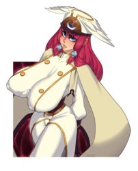 1girls alternate_breast_size arc_system_works blazblue blue_eyes breasts huge_breasts r3dstar red_hair solo_female tsubaki_yayoi white_border