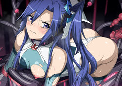 all_fours ass blue_hair blue_leotard breasts clothing covered_nipples female glaring horosuke_(toot08) imminent_penetration imminent_rape imminent_sex immobilization kazanari_tsubasa leotard leotard_aside long_hair machine nipples orgasm_factory purple_eyes restrained senki_zesshou_symphogear sex_machine shiny shiny_hair shiny_skin side_ponytail solo stationary_restraints sweat torn_clothes torn_leotard