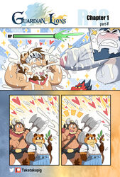 2021 2_horns anthro axe background_character balls battle_axe beard bell belt bison black_nose blonde_hair blue_body blue_fur blush bodily_fluids bovid bovine brown_body brown_fur brown_mane brown_nose canid canine clothed clothing comic cross-popping_vein cum cum_in_mouth cum_inside cum_on_face dinosaur dragon dragon_knight_leon duo ejaculation english_text facial_hair facial_markings felid foreskin fur genital_fluids genitals hair head_markings heart hi_res horn humanoid_genitalia humanoid_penis idea jockstrap lion male male/male mammal mane markings mask_(marking) melee_weapon multicolored_body multicolored_fur open_mouth orgasm pantherine patreon penis polearm priest priest_robes raccoon_dog red_body red_scales reptile scales scalie shocked sparkles staff takataka tanuki text topless twitter two_tone_body two_tone_fur uncut underwear vein veiny_muscles veiny_penis volcasuar voyeur weapon white_body white_fur white_nose