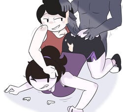 1boy 2girls airpods ass_up biting_lip black_hair booty_shorts breasts brown_hair buttjob clothing cum ffm_threesome grey_skin hairband hand_on_ass hand_on_head incest jaiden jaiden_animations jaidens_mom milf mother_and_daughter ponytail ripped_clothing straight threesome white_skin xeroxeye youtube youtuber