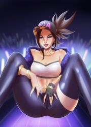 1girls akali bracelet clothing earrings hat k/da_akali k/da_series league_of_legends looking_at_viewer necklace ponytail rajangnsfw solo solo_focus spread_legs spread_pussy strapless strapless_top strapless_topwear tubetop