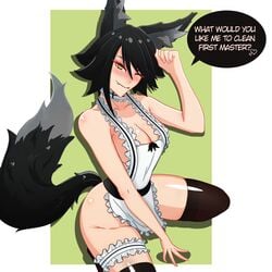 b4d blush maid maid_uniform stella_(b4d) tail text thighhighs wolf_ears wolf_girl wolf_tail