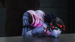 1boy 1girls 3d ahe_gao ass big_ass blizzard_entertainment blue_hair blue_skin dark-skinned_male face_down_ass_up feizaisfm from_behind fucked_senseless interracial overwatch sex widowmaker