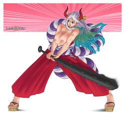 1girls attack big_breasts blue_hair breasts brown_eyes clothed clothing curvy demon ear_piercing earrings female female_focus female_only geta gradient_hair hakama hi_res highres hoop_earrings horned_humanoid horns humanoid kameseru kanabou light-skinned_female light_skin long_hair long_horns multicolored_hair muscular no_bra one_piece oni oni_horns red_horns revealing_clothes simple_background solo topless two_tone_hair white_hair wide_hips yamato_(one_piece) youkai