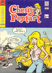 1980s 1984 1boy 20th_century 2girls black_hair blonde_hair blue_sky breaking_the_fourth_wall cherry_pop cherry_poptart cherry_poptart_(comic) clothed cloud comic comic_cover cowboy_shot day daytime dialogue ellie_dee english_text fake_cover full_body ginger jean_shorts jeans jorts lamppost larry_welz midriff no_bra orange_hair parking_lot red_hair red_lips red_lipstick roller_skates round_glasses short_shorts skates skating speech_bubble standing straight_hair tank_top topwear tubetop van yellow_glasses