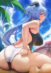 1girls ass big_ass big_breasts big_butt blue_hair butt curvy female female_only ganyu_(genshin_impact) genshin_impact happymonk horns large_breasts long_hair one-piece_swimsuit purple_eyes sitting solar_(happymonk) solo solo_female swimsuit thick thick_ass thick_thighs voluptuous