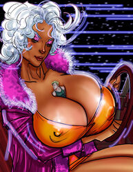 1boy 1boy1girl 1girls breast_grab brown_body brown_skin cleavage commission dark-skinned_female dark_skin female giantess grabbing_own_breast holding_breasts large_breasts larger_female legs light-skinned_male light_skin lips lipstick no_bra no_pants original original_character original_characters panties shorter_male size_difference smaller_male superposer taller_female taller_girl thighs voluptuous