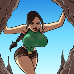 armpits big_breasts bimbo breasts brown_hair busty hourglass_figure lara_croft lara_croft_(classic) large_breasts leotard lipstick long_hair navel phazyn pinup pinup_pose pose posing short_shorts skin_tight tagme thick_thighs tomb_raider wide_hips