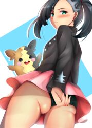 1girls 2d ambiguous_gender ass black_hair black_panties blue_eyes blush dress eye_contact female kaben looking_at_viewer looking_back marnie_(pokemon) morpeko nintendo panties pokemon pokemon_ss standing thick_thighs thighs twintails upskirt