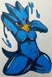 anthro beak blue_slime breasts coating encasement female golduck living_suit pokémon_(species) pokemon pulling slime struggling symbiote symbioticdeviant tail thick_thighs