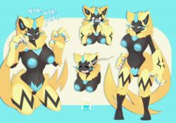 anthro big_breasts black_body black_fur breasts claws closed_eyes crotch_tuft cute_fangs dialogue electricity english_text female fur genitals legendary_pokémon navel nintendo nipples nude open_mouth pokémon_(species) pokemon pussy skwidbone solo text tuft video_games yellow_body yellow_fur zeraora