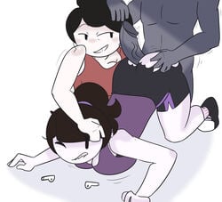 1boy 2girls airpods ass_up biting_lip black_hair booty_shorts breasts brown_hair buttjob clothing ffm_threesome grey_skin hairband hand_on_ass hand_on_head incest jaiden jaiden_animations jaidens_mom milf mother_and_daughter ponytail ripped_clothing straight threesome white_skin xeroxeye youtube youtuber