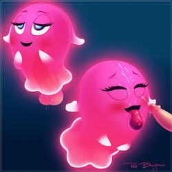 blush blushing closed_eyes cum cum_in_mouth cum_on_face cute eyelashes female ghost male mouth namco open_mouth pac-man_(series) pac-man_and_the_ghostly_adventures penis pink_body pink_eyes pink_skin pinky pinky_(pac-man) redbenjamin sex smile testicles