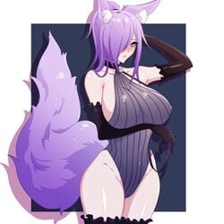 b4d blush collar dirtykuro fox_ears fox_girl fox_tail foxykuro huge_breasts kuro_(foxykuro) leash purple_eyes purple_hair thighhighs