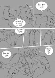 anthro ball_lick balls beastars bedding big_penis bird_dog bodily_fluids canid canine canis collot_(beastars) comic coyote dialogue dialogue_box domestic_dog doost durham_(beastars) english_text erection genital_fluids genitals group group_sex handjob happy happy_sex herding_dog hi_res hindpaw hunting_dog hyaenid jack_(beastars) kissing labrador legoshi_(beastars) licking lying male male/male male_only mammal miguno_(beastars) monochrome nodding nude on_back oral orgy pastoral_dog paws penile penis precum retriever scar sex sheepdog simple_background smile spotted_hyena spread_legs spreading text tongue tongue_out whimper wolf