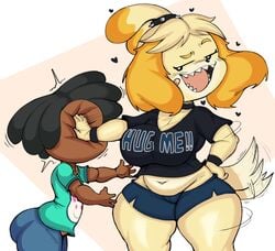 animal_crossing anthro arms_out bandaid bandaid_on_face big_ass blue_shorts bracelet choker chubby cushion_(purple_yoshi_draws) dark-skinned_male dark_skin dog hand_on_face isabelle_(animal_crossing) jagged_mouth love nintendo purple_yoshi_draws pushing pushing_face short_shorts shorts shortstack smug taller_girl thick_thighs wagging_tail