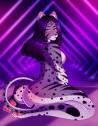 anthro ass athletic big_butt biped black_hair blue_eyes breasts butterfliess digital_media_(artwork) domestic_cat ear_piercing ear_ring egyptian_mau feet felid feline felis female fur hair heterochromia hi_res long_hair long_tail looking_at_viewer mammal multicolored_body multicolored_fur nipples nude pawpads persephone_(demonagogue) piercing shaded smile solo solo_focus spots spotted_body straight_hair stripes thick_thighs white_body ych_result