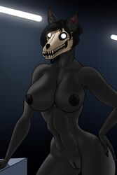 2:3 anthro areola big_breasts biped black_areola black_hair black_nails bone breasts canid colored_nails female genitals glowing glowing_eyes grey_body hair hand_on_butt hi_res mal0 malo mammal monster nails navel pussy scp-1471 scp_foundation sharp_teeth simple_background skull smile solo standing sweetmeat teeth teratophilia white_eyes