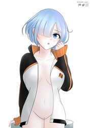 exposed_pussy gibb_san jacket jacket_open light-skinned_female light_blue_hair light_skin looking_at_viewer natsuki_subaru_(cosplay) one_eye_covered open_clothes open_jacket re:zero_kara_hajimeru_isekai_seikatsu rem_(re:zero) tease