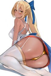 1girls 2023 absurdres ass bare_shoulders blonde_hair blush bow breasts cameltoe dark-skinned_female dark_elf dark_skin dress elf female garter_straps high_ponytail highres hololive hololive_fantasy hololive_japan hoshara large_breasts legs long_hair looking_at_viewer multicolored_hair no_shoes off-shoulder_dress off_shoulder panties pointy_ears ponytail shiranui_flare shiranui_flare_(1st_costume) sidelocks simple_background skirt solo streaked_hair thighhighs underwear virtual_youtuber white_background white_garter_straps white_hair white_legwear white_streak white_thighhighs yellow_panties