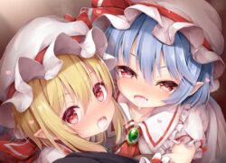 2girls blonde_hair blue_hair blush cum cum_in_mouth dress female flandre_scarlet heart-shaped_pupils mob_cap multiple_girls pointy_ears red_eyes remilia_scarlet sorairo_len symbol-shaped_pupils touhou vampire