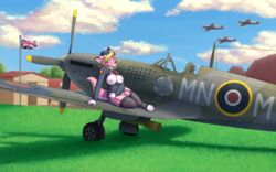 aircraft airfield airplane anthro belgian_flag big_breasts blonde_hair blue_eyes breasts canid canine canis clothed clothing dragon female fur garter_straps hair hi_res hybrid kina_heijima legwear lingerie mammal nipples pink_body pink_fur solo spitfire spitfire_mk_ix stockings union_jack wolf