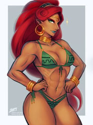 1girls abs bikini blue_lipstick breasts breath_of_the_wild cleavage dark-skinned_female dark_skin earrings female female_only gerudo iahfy lipstick looking_at_viewer muscles muscular muscular_female nintendo solo the_legend_of_zelda urbosa