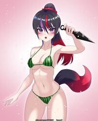 alluring bikini black_hair facial_mark kunimitsu_ii kunoichi namco ponytail purple_eyes rappe tail tekken tekken_7 watermelon_bikini