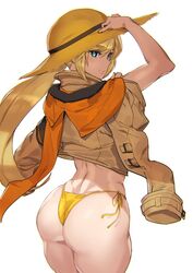 1girls ashiomi_masato ass bangs bikini bikini_bottom bikini_day blonde_hair blue_eyes eyebrows_visible_through_hair female guilty_gear hat jacket jacket_over_shoulder millia_rage shade shaded_face shadow simple_background solo straw_hat swimsuit thighs white_background wide_hips