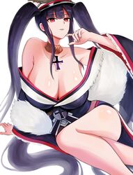 1girls azur_lane big_breasts big_thighs breasts calves cleavage dark_hair female female_only finger_to_chin iron_blood_(azur_lane) large_breasts large_thighs legs_crossed light-skinned_female light_skin long_hair peter_strasser_(azur_lane) pose posing purple_hair red_eyes robe seductive solo thighs uniform