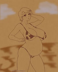 beach big_ass big_breasts bikini breasts cow_print female full_body large_breasts my-hime navel pregnant sanada_yukariko simple_background solo standing swimsuit urielmatt