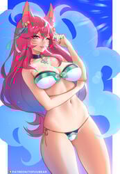 9_tails ahri aqua_eyes bikini female female_only green_eyes highres horny league_of_legends long_hair looking_at_viewer patreon_username pink_hair riot_games solo spirit_blossom_ahri spirit_blossom_series tofuubear wink winking winking_at_viewer