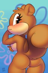 2020 2:3 :t anthro ass blush breasts brown_body brown_eyes brown_fur countershade_face countershade_torso countershading covering covering_breasts curled_tail eyelashes female fur furry furry_only genitals head_tuft hi_res looking_at_viewer looking_back mammal nickelodeon pattern_background pink_nose portrait pussy rear_view rodent sandy_cheeks sciurid side_boob simple_background smooth_fur solo spongebob_squarepants tail tan_countershading thick_thighs thigh_gap three-quarter_portrait tree_squirrel tuft wide_hips xylas