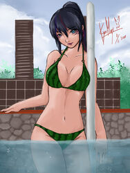 alluring bikini breasts kunimitsu_ii legs namco purple_eyes swimming_pool tekken tekken_7 watermelon_bikini wet