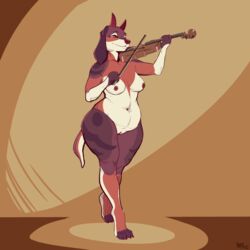 1:1 absurd_res anthro bovid bowed_string_instrument breasts caprine claws female floppy_ears fur genitals goat greasymojo hi_res horn mammal multicolored_body multicolored_fur musical_instrument navel nipples nude playing_music playing_violin pussy solo string_instrument violin