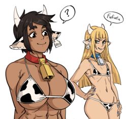 2girls ? abs bb_(baalbuddy) bell big_breasts breast_size_difference breasts chocolate_and_vanilla collar colored cow_girl cow_print dark-skinned_female ddl dialogue female female_only flat_chest highres huge_breasts multiple_girls muscular muscular_female small_breasts speech_bubble tagme tan_skin text text_bubble tomboy true_flat_chest white_background wide_hips