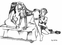 3girls artie_m black_and_white caitlin_fairchild dc_comics female female_only freefall_(gen¹³) gen¹³ interracial kissing multiple_females multiple_girls native_american sarah_rainmaker sex sketch threesome yuri