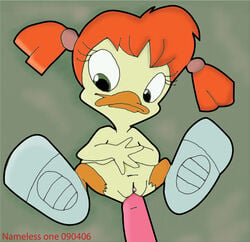 anthro avian bird cub darkwing_duck disney duck gosalyn_mallard green_eyes nameless_one_(artist) nude pussy red_hair young