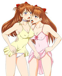 asuka_langley_sohryu blue_eyes blush choker cleavage clothing dress erect_nipples erect_nipples_under_clothes female fingering human long_hair medium_breasts multiple_females multiple_girls neon_genesis_evangelion nozarashi_satoru open_mouth orange_hair panties selfcest sundress tagme tongue yellow_dress yuri