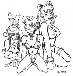 3girls artie_m black_and_white caitlin_fairchild candy_cane christmas dc_comics female female_only freefall_(gen¹³) gen¹³ multiple_females multiple_girls native_american santa_hat sarah_rainmaker sketch trio uncensored