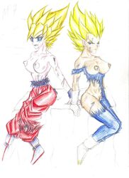 2009 2girls blonde_hair blue_eyes bodysuit dragon_ball dragon_ball_z female female_goku female_vegeta gloves maujenfijeta multiple_girls rule_63 saiyan son_goku straight_hair super_saiyan super_saiyan_2 tagme torn_clothes vegeta