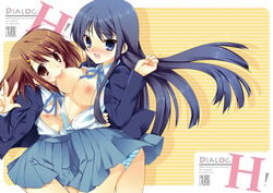 black_hair blazer blue_eyes blush breast_biting breast_sucking breasts brown_eyes brown_hair female female_only human human_only k-on! long_hair mio_akiyama_(k-on!) multiple_females no_bra open_clothes open_shirt panties pantyshot sakura_hanpen school_uniform shirt striped striped_panties surprised surprised_arms text underwear upskirt v yui_hirasawa_(k-on!) yuri