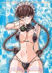 adapted_costume amanomiya_haruka bikini black_bikini black_lagoon blush braid breasts brown_hair detached_collar erect_nipples explosive female frills glasses glasses_removed grenade highleg highleg_bikini highleg_swimsuit lace lace-trimmed_thighhighs large_breasts long_hair maid_headdress navel roberta_cisneros round_glasses side-tie_bikini slender_waist smile solo swimsuit thick_thighs thighhighs thighs twin_braids wide_hips wrist_cuffs