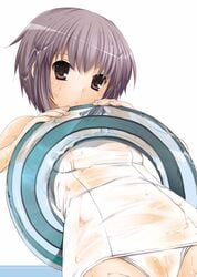 innertube nagato_yuki nakajima_yuka one-piece_swimsuit school_swimsuit see-through short_hair silver_hair suzumiya_haruhi_no_yuuutsu swimsuit suzumiya_haruhi_no_yuuutsu white_school_swimsuit white_swimsuit nagato_yuki