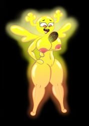 absurd_res big_breasts black_background breasts cartoon_network female genitals giacomopode glowing hand_on_hip hi_res horn humanoid looking_down mammal nipples nude object_between_breasts open_mouth orange_eyes penny_fitzgerald pussy shape_shifter simple_background smile solo standing teeth the_amazing_world_of_gumball tongue tongue_out wings yellow_body yellow_skin