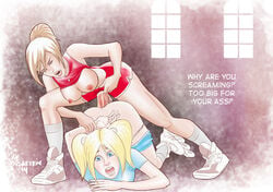 all_fours anal anal_sex arm_grab ass bent_over blonde_hair blue_eyes breasts dickgirl disarten domination female from_behind futa_on_female futadom futanari intersex nipples open_mouth panties_down pants_down penis ponytail rape rollerblades sex shoes shorts socks text tied_hair twintails wink