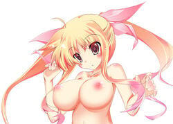 1girls blonde_hair breasts fate_testarossa female hair_ribbon large_breasts lyrical_nanoha mahou_shoujo_lyrical_nanoha mahou_shoujo_lyrical_nanoha_strikers nipples nude plus9 ribbon solo tied_hair twintails