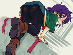 all_fours angry ass bent_over blue_hair blue_legwear blue_pantyhose blush boots bracelet cameltoe capelet carrie_belnades carrie_fernandez castlevania castlevania:_legacy_of_darkness dutch_angle embarrassed from_behind jewelry latex looking_back panties panties_under_pantyhose pantyhose purple_hair red_eyes ribbon short_hair solo stairs sweat underwear upskirt