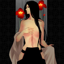 1girls black_hair bleach breasts censor_hair covering covering_breasts female female_only flower hair_down hakama haori japanese_clothes ktsis large_breasts long_hair scar solo topless undressing unohana_retsu very_long_hair